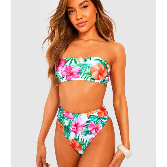 New Small Tropical Retro Floral High‎ Rise Strapless Bandeau Swimsuit Bikini - Picture 2 of 6